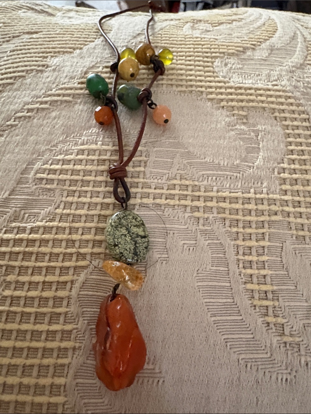 Handcrafted Multicolor Stone and Leather Pendant Necklace
